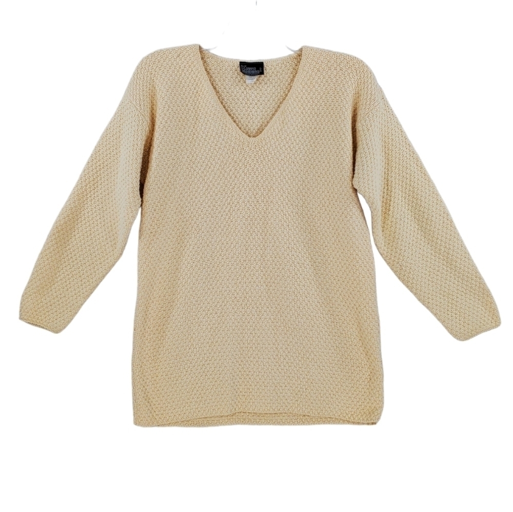 Handmade Sweater Knits Landing Ws L Cream Cotton Grandma Crochet V-Neck Vtg 90s
